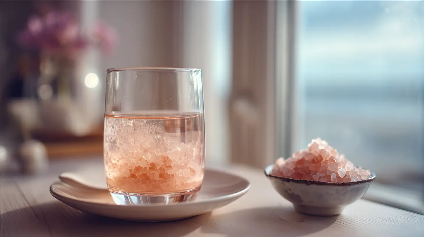 Boisson au sel rose préparée avec de l’eau et une pincée de sel rose de l’Himalaya