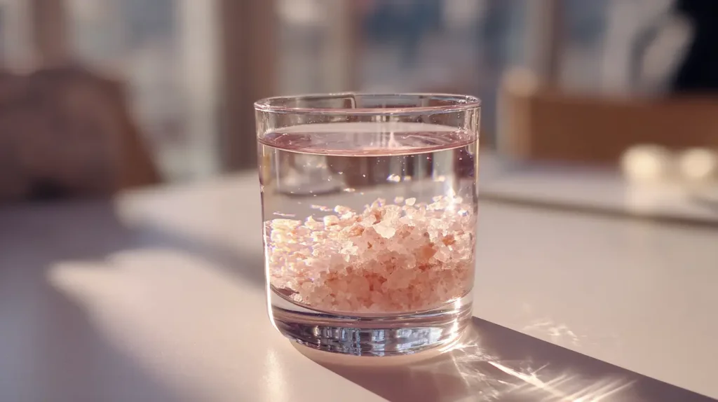 eau au sel rose préparée dans un verre avec du sel rose de l’Himalaya