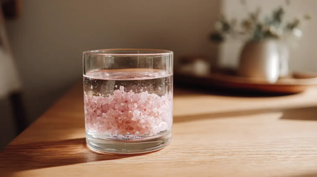eau avec sel rose de l’Himalaya dans un verre