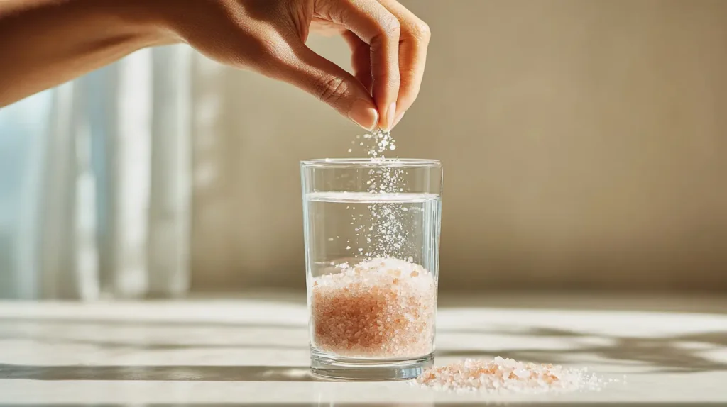 préparation de l’eau au sel rose avec une pincée de sel rose