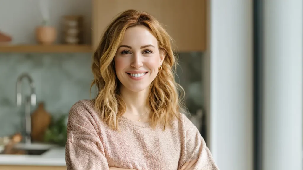 Femme élégante de 37 ans souriante tenant un plat bien dressé dans une cuisine moderne et lumineuse