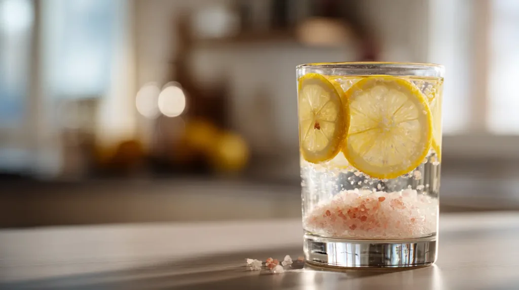 eau citron sel Himalaya dans un verre transparent avec citron et sel rose