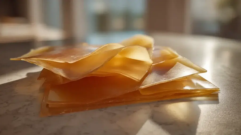 poids d’une feuille de gélatine posé sur un plan de travail