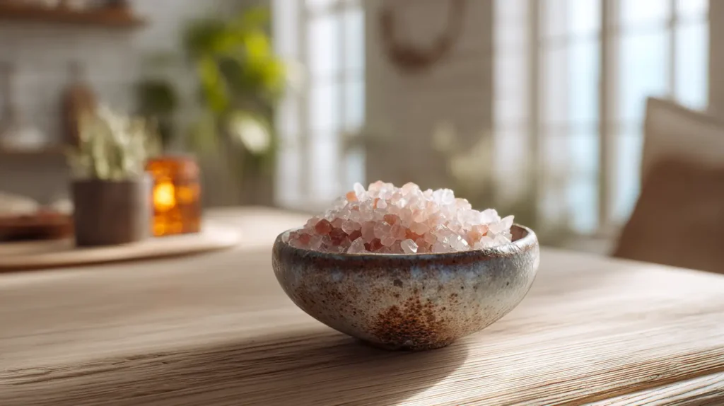 regime sel rose illustré par un bol de sel rose de l’Himalaya en gros plan