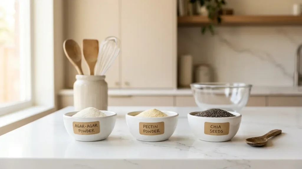 agar-agar en poudre pectine et graines de chia alignés sur plan de travail en quartz blanc cuisine épurée