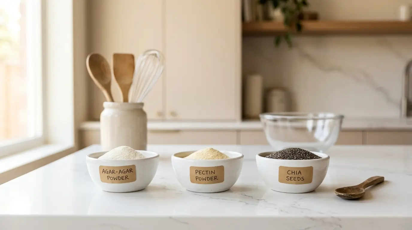 agar-agar en poudre pectine et graines de chia alignés sur plan de travail en quartz blanc cuisine épurée