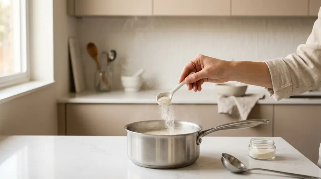 agar-agar en poudre versé dans casserole avec liquide chaud sur plan de travail en quartz blanc