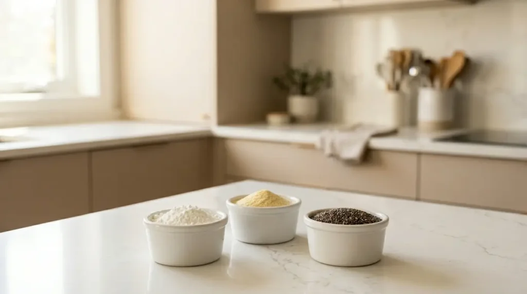 bols de pectine fécule et graines de chia sur plan de travail en quartz blanc alternatives à la gélatine