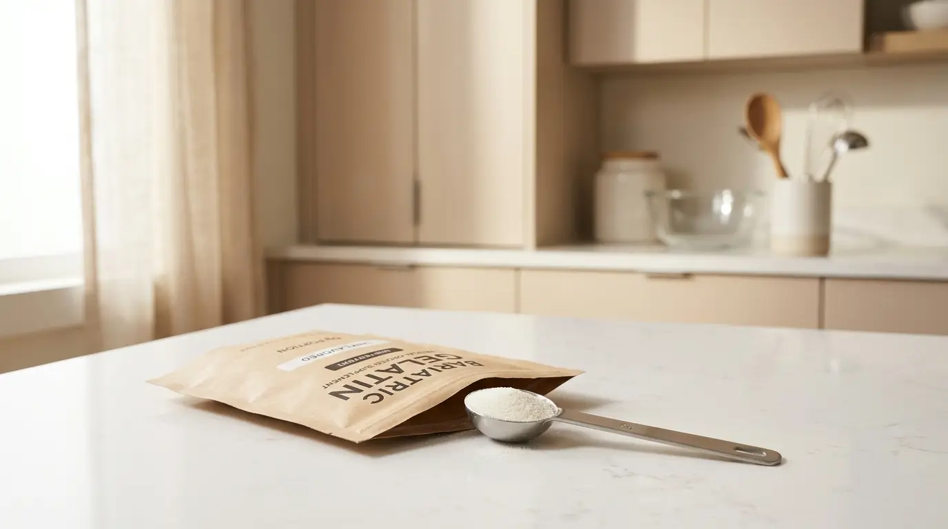 sachet de gélatine bariatrique et cuillère doseuse sur plan de travail en quartz blanc cuisine épurée