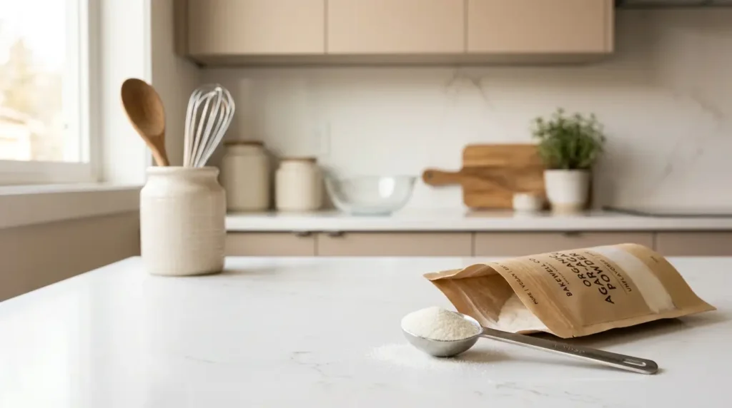 sachet de gélatine en poudre et cuillère doseuse sur plan de travail en quartz blanc cuisine épurée