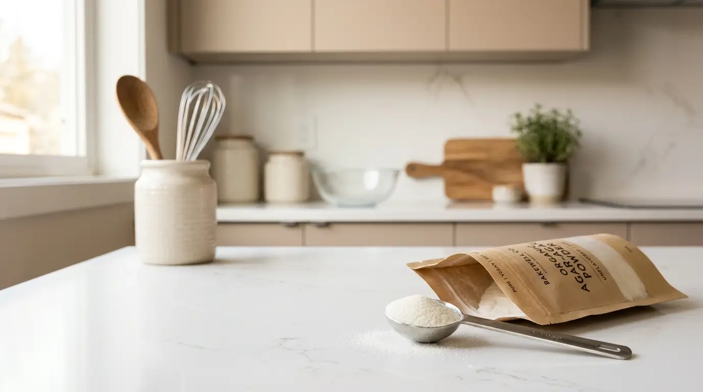 sachet de gélatine en poudre et cuillère doseuse sur plan de travail en quartz blanc cuisine épurée
