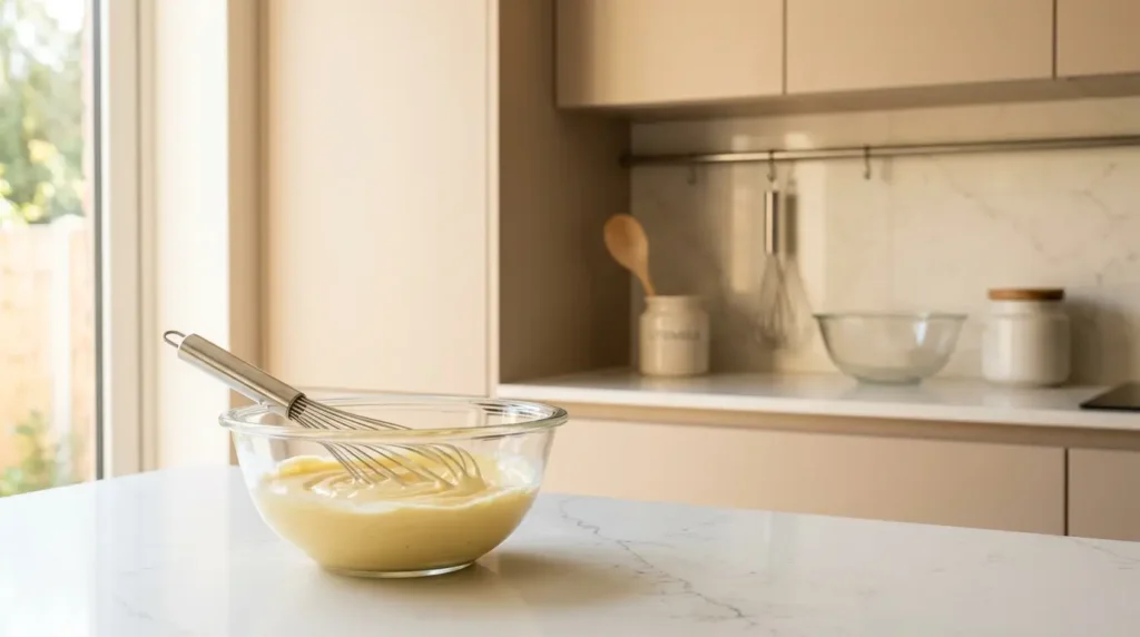 crème diplomate sans gélatine dans bol en verre sur plan de travail en quartz blanc cuisine beige
