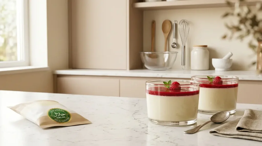 verrines panna cotta gélatine halal bovine sur plan de travail blanc cuisine épurée