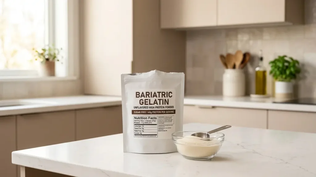 étiquette nutritionnelle gélatine bariatrique riche en protéines sur plan de travail en quartz blanc