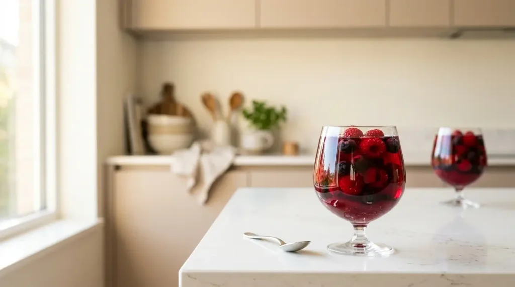 gelée minceur à la gélatine bariatrique et fruits rouges dans verrine sur plan de travail quartz blanc