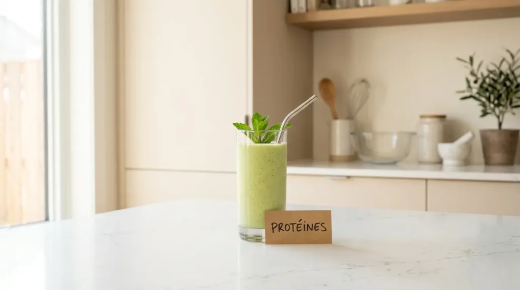 smoothie protéiné à la gélatine bariatrique dans verre sur plan de travail quartz blanc cuisine épurée