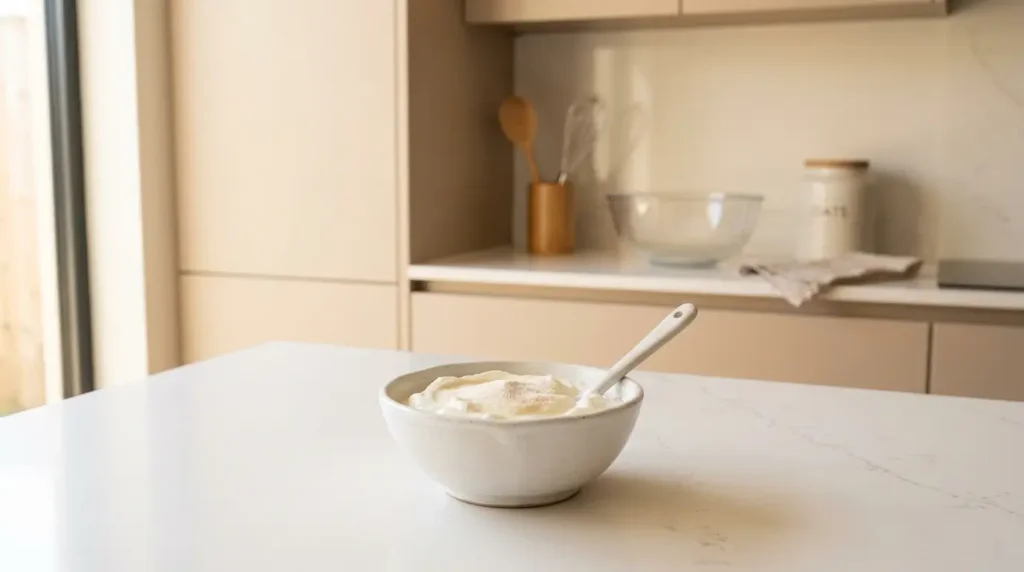 yaourt maison avec gélatine bariatrique en poudre dans bol blanc sur plan de travail quartz cuisine épurée