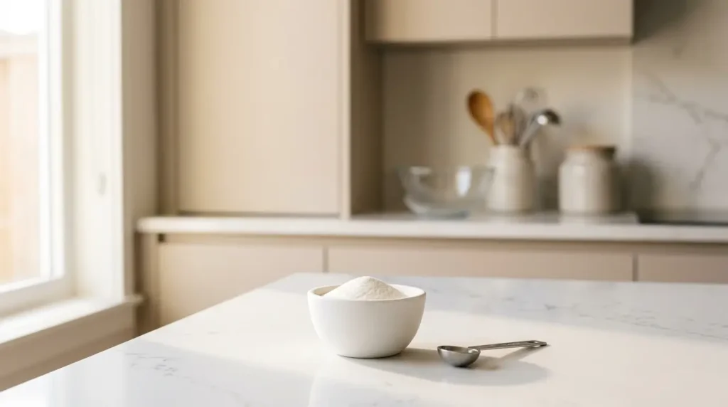 portion de gélatine bariatrique en poudre dans bol doseur à côté d'une recette cuisine sur quartz blanc