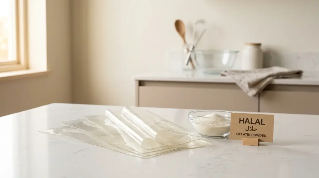 euilles de gélatine halal bovine et poudre sur plan de travail blanc cuisine épurée