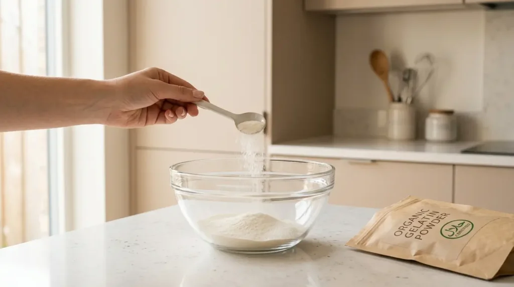 préparation gélatine halal en poudre versée dans un bol en verre cuisine beige