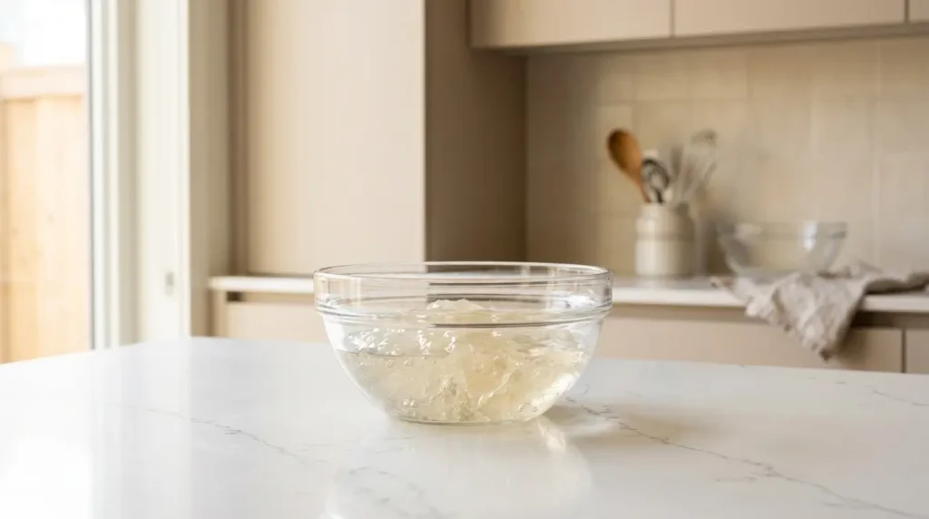 gélatine en poudre gonflée dans un bol en verre avec de l'eau froide sur plan de travail en quartz blanc