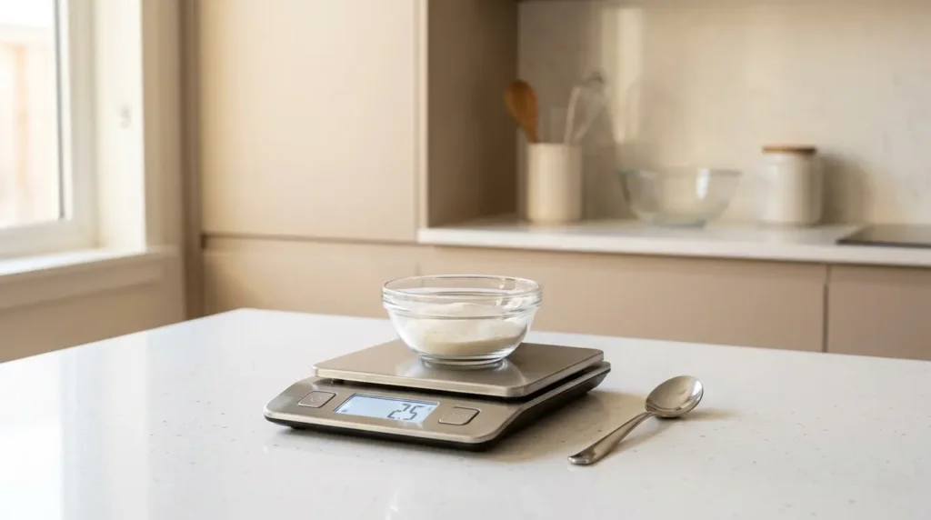 gélatine en poudre dosée sur une balance de cuisine à côté d'un bol en verre sur plan de travail blanc