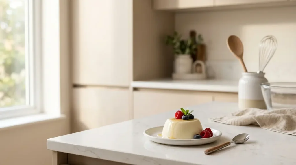 anna cotta démoulée sur assiette blanche préparée avec gélatine en poudre cuisine épurée beige