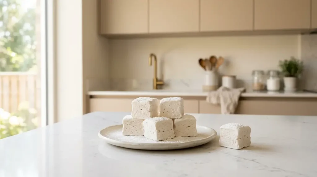 guimauves maison sans gélatine enrobées de sucre glace sur plan de travail en quartz blanc