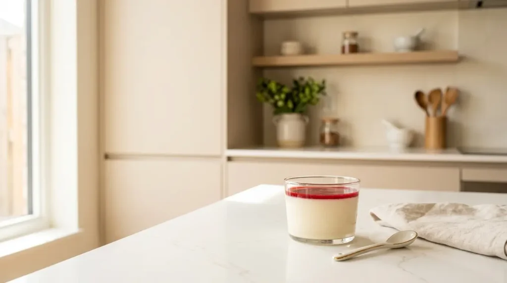 panna cotta préparée à l'agar-agar démoulée dans verrine sur plan de travail en quartz blanc