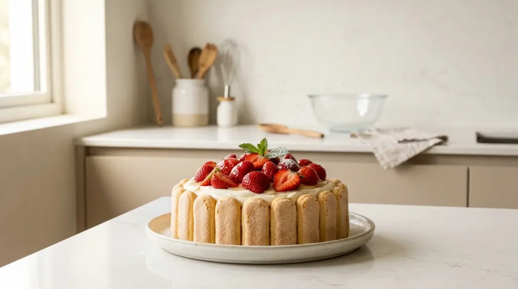 charlotte aux fraises sans gélatine démoulée sur plan de travail en quartz blanc cuisine épurée