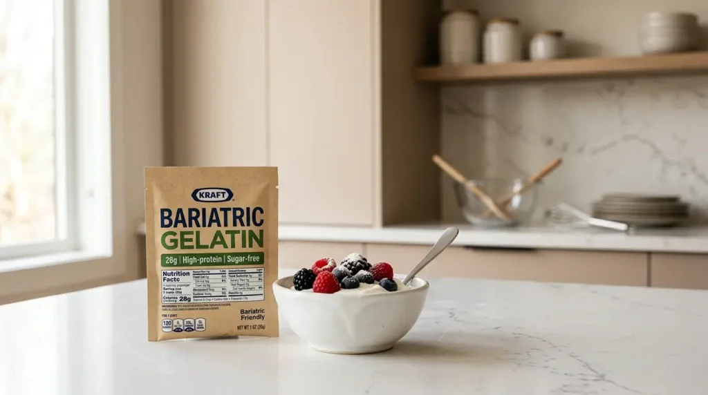 gélatine bariatrique en poudre et recette minceur sur plan de travail en quartz blanc cuisine épurée