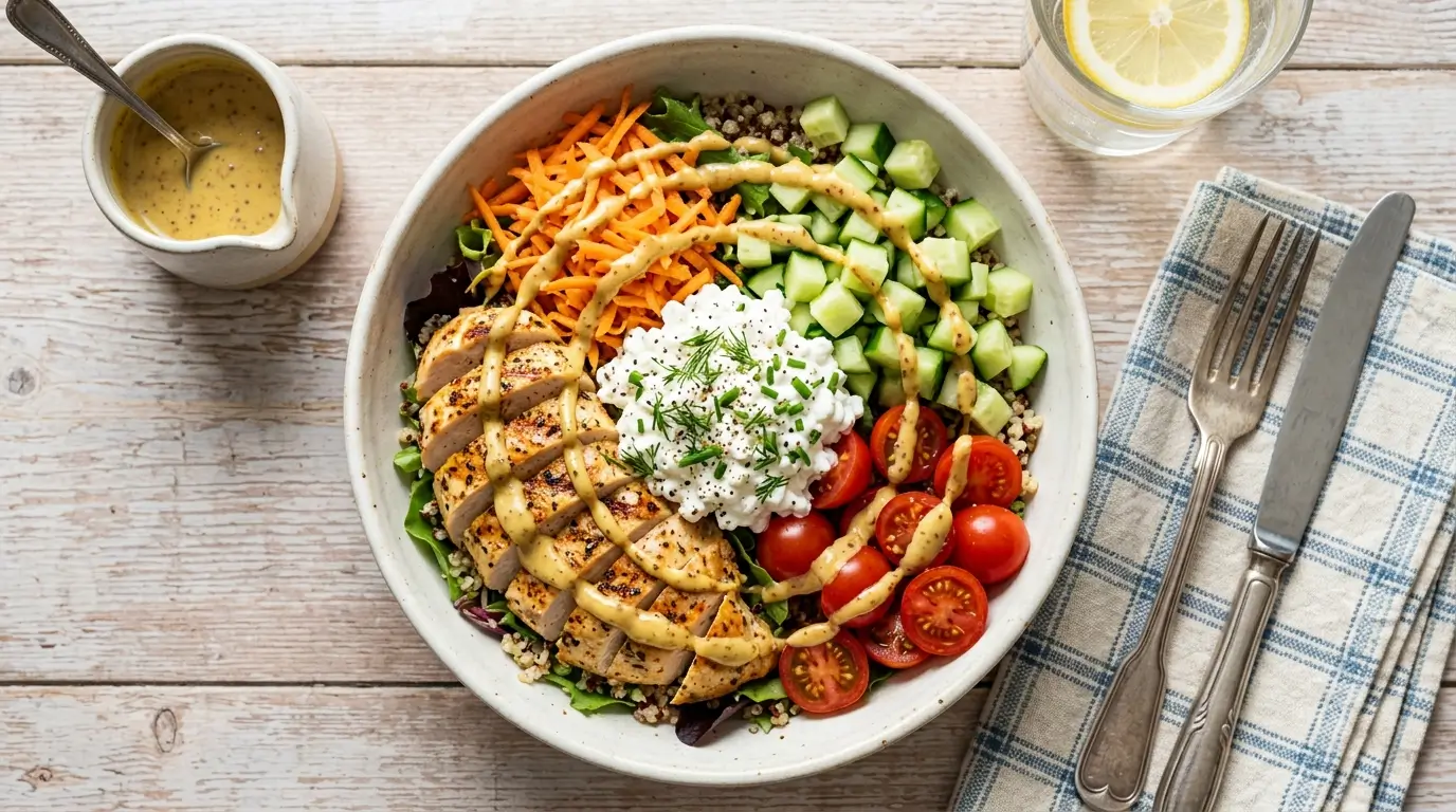 Bowl hyperprotéiné poulet, fromage blanc et crudités : 45 g de protéines pour le déjeuner