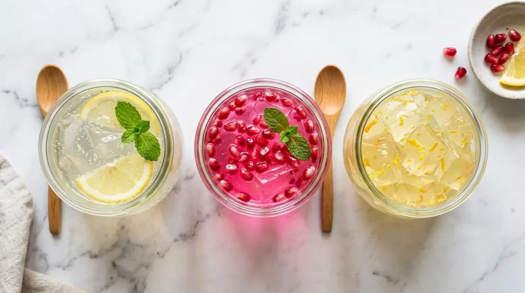 Les 3 variantes virales du gelatin trick : recette basique, pink gelatin trick et ice gelatin trick alignées