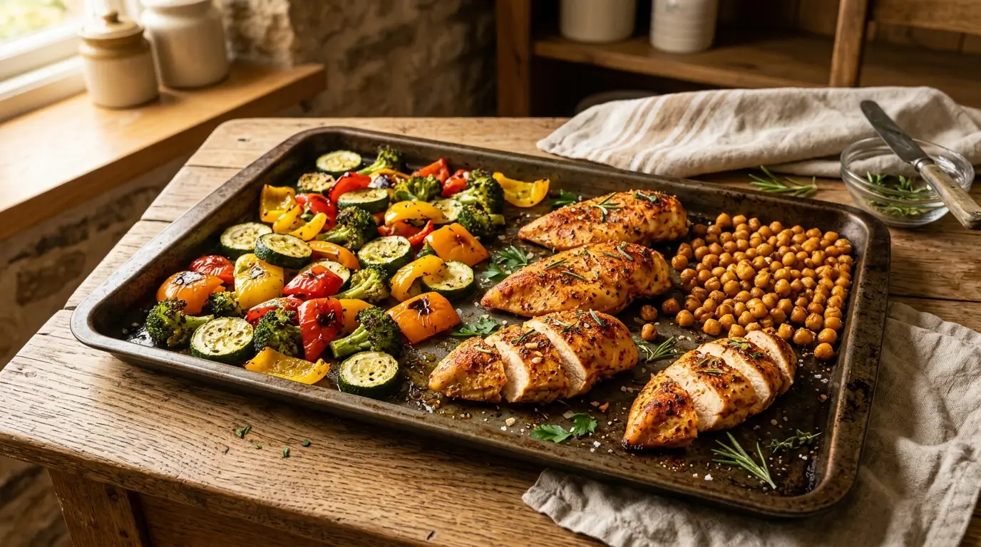 Dîner satiété GLP-1 : légumes rôtis, poulet aux épices et pois chiches croustillants