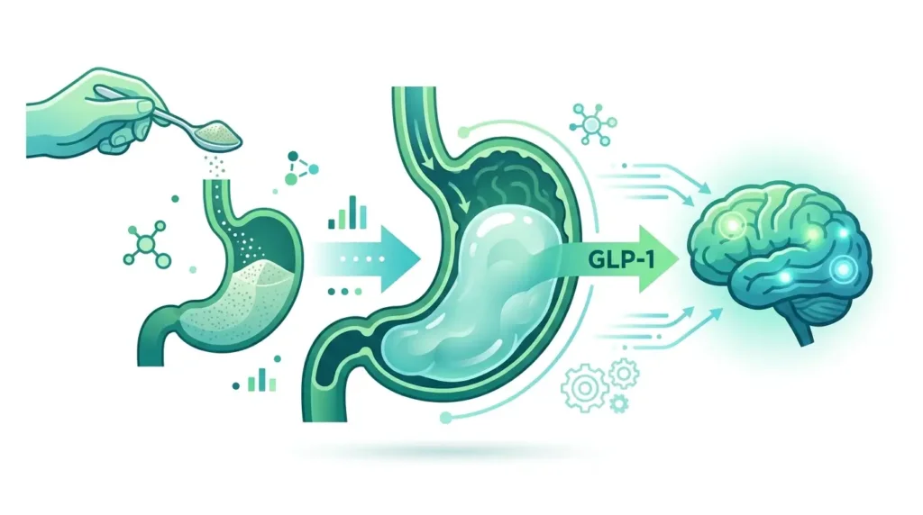 Schéma du mécanisme du gelatin trick : la gélatine forme un gel dans l'estomac et stimule l'hormone GLP-1