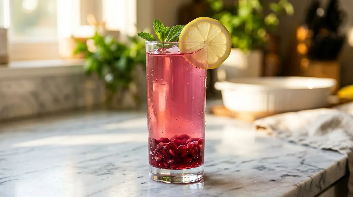 Pink gelatin trick TikTok : boisson rose virale à la gélatine, jus de grenade et citron — recette coupe-faim 2026