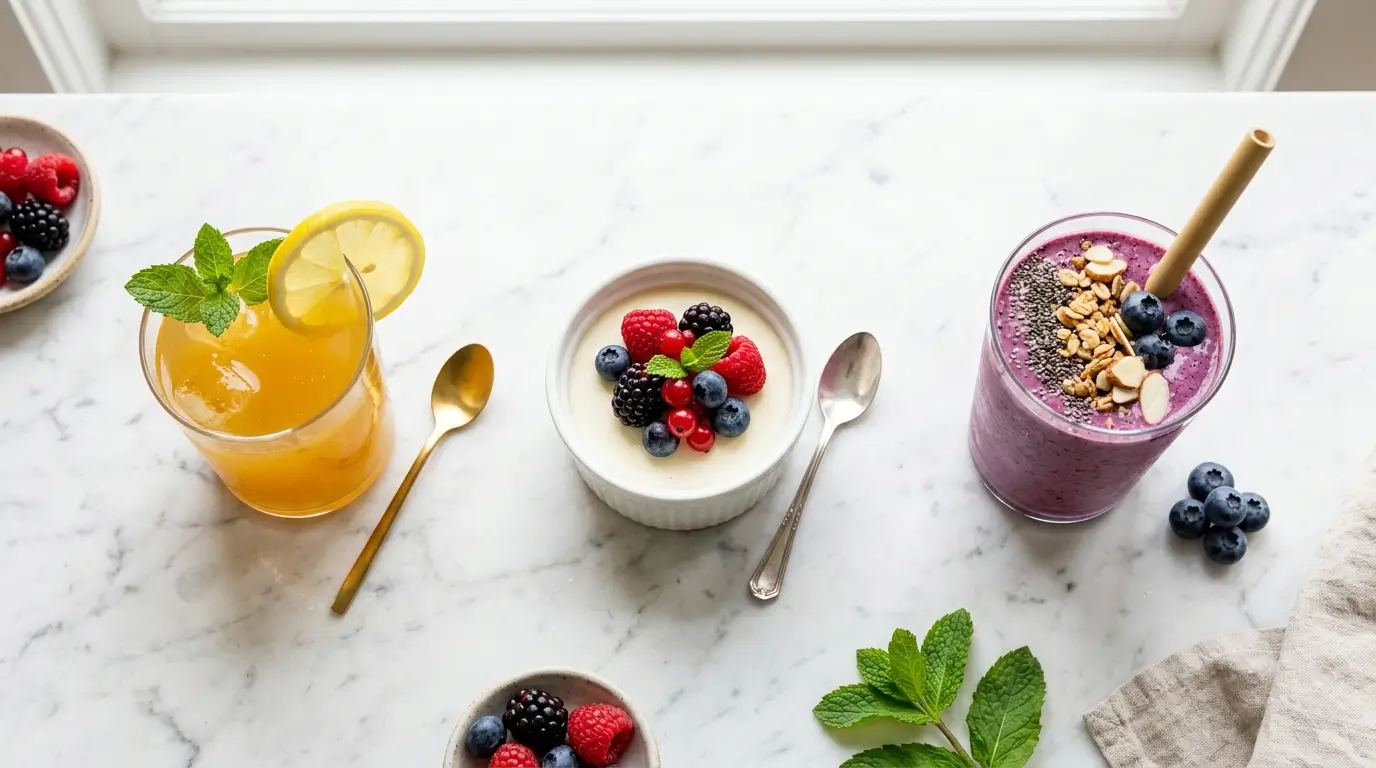 Trois recettes collagène maison pour la peau : boisson glow du matin, panna cotta aux fruits rouges et smoothie myrtilles avocat anti-âge