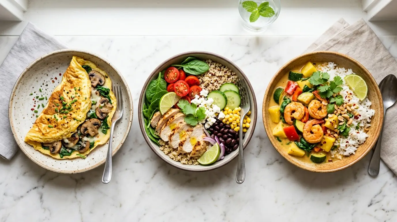 Trois repas hyperprotéinés coupe-faim alignés : omelette aux champignons, bowl poulet fromage blanc et crevettes au curry coco