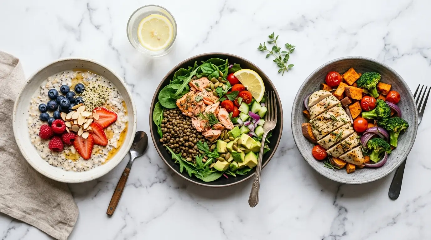 Trois repas satiété GLP-1 alignés : bowl d'avoine, salade lentilles-saumon, légumes rôtis au poulet
