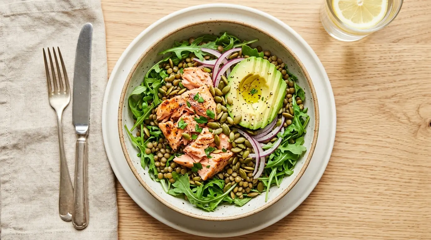 Salade satiété GLP-1 du midi : lentilles vertes, saumon grillé, avocat et roquette