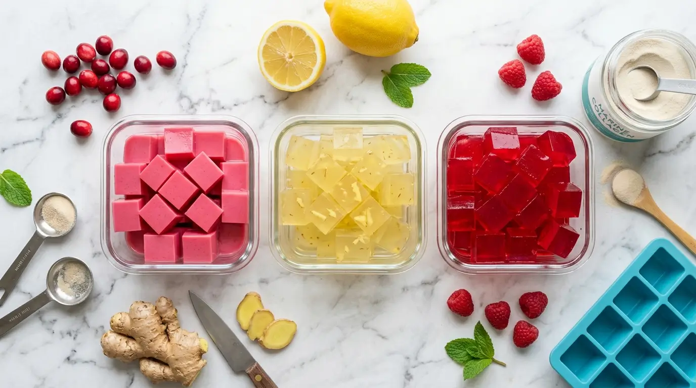 Trois recettes de cube de gélatine avant repas Ice Trick : Pink canneberge, citron-gingembre détox et collagène framboise glow