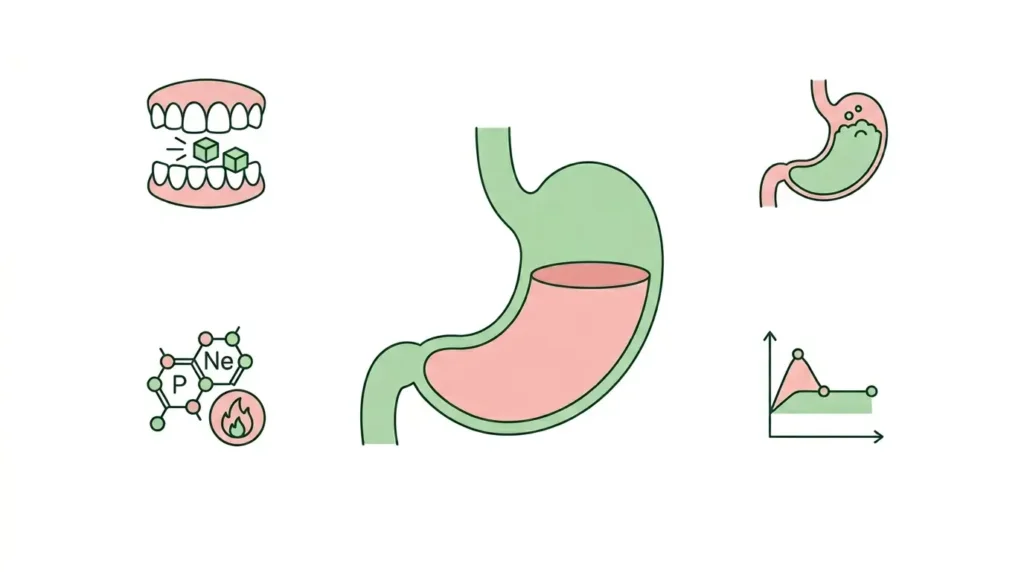 Schéma des 4 mécanismes du cube de gélatine avant repas : mastication, volume gastrique, thermogenèse, glycémie