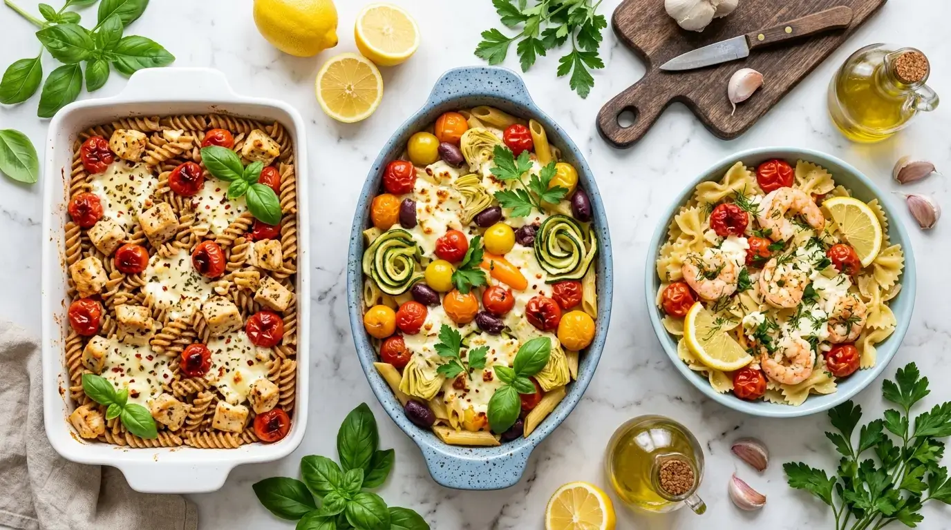 Trois recettes de baked feta pasta healthy alignées : version poulet protéinée, méditerranéenne aux légumes et crevettes citronnées