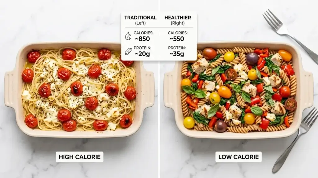 Comparaison baked feta pasta TikTok originale vs version healthy yumarecette : 35% calories en moins, 85% protéines en plus