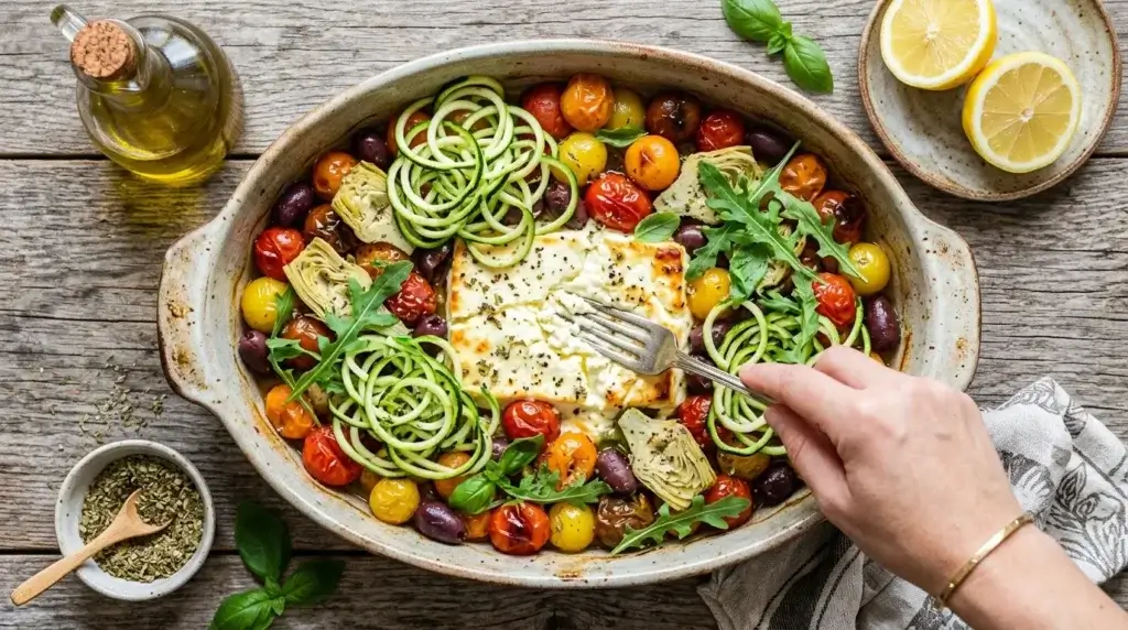 Baked feta pasta healthy méditerranéenne aux légumes : version low-carb avec courgettes spiralées et olives Kalamata