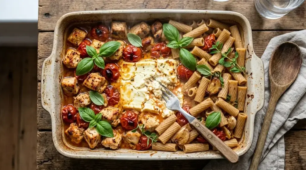 Baked feta pasta healthy au poulet : recette protéinée 320 kcal et 35g de protéines virale TikTok