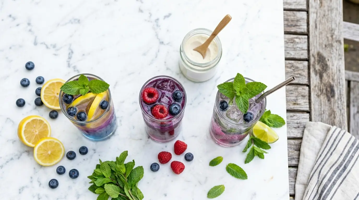 Trois blueberry glow lemonade alignées : version classique healthy, collagène marin glow et mojito pétillant