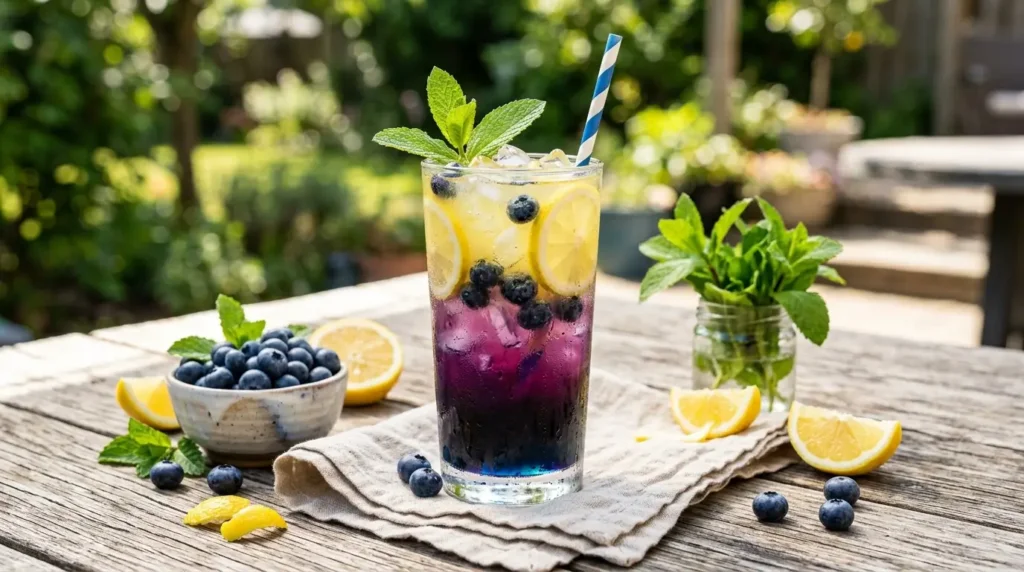 Blueberry glow lemonade classique healthy : recette virale TikTok avec effet magique bleu-violet-jaune 100% naturel