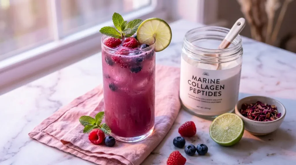 Blueberry glow lemonade au collagène marin et framboises : recette glow protéinée beauté in & out 10g protéines