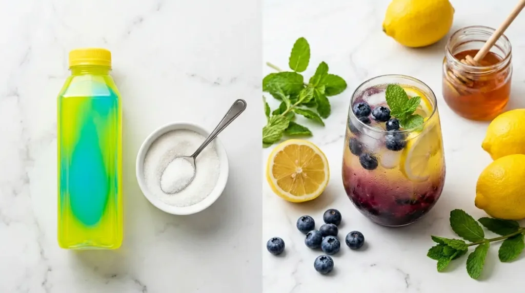 Trois blueberry glow lemonade alignées : version classique healthy, collagène marin glow et mojito pétillant